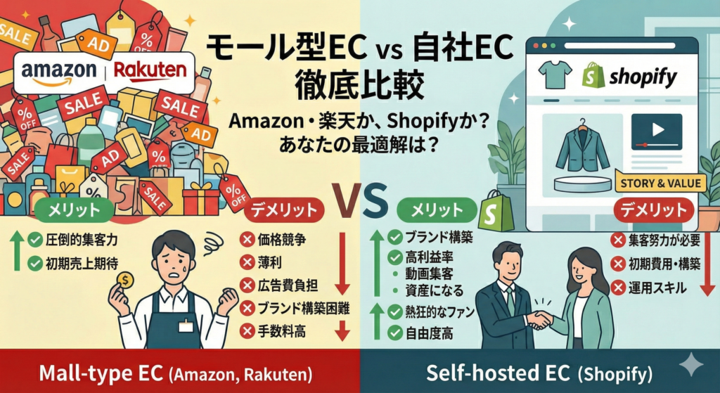 モール型EC（Amazon・楽天）と自社EC（Shopify）のメリット・デメリット徹底比較図解。左側のモール型は圧倒的な集客力が強みだが価格競争や薄利が課題である点、右側の自社ECはブランド構築や高利益率が強みだが集客努力が必要な点をイラストとリストで対比している。